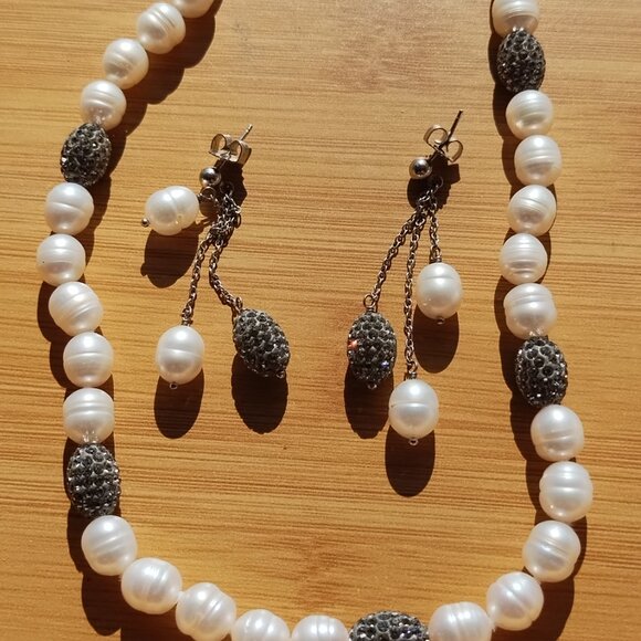 Honora Freshwater Pearl Swarovski Crystal Necklace Earrings Set 925 Sterling - Picture 6 of 6